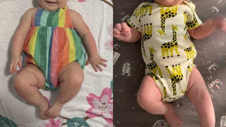 A photo collage of a baby laying down wearing a colorful striped onesie and a giraffe printed onesie from Hanna Anderson.