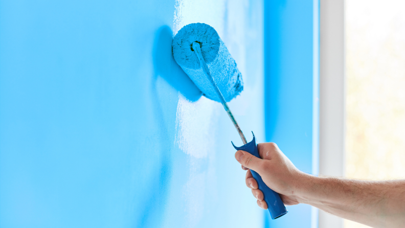 Person using a roller to paint a wall blue