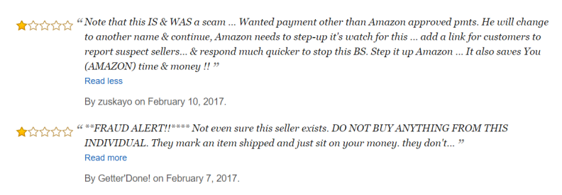 These reviews from people who were scammed by shady third-party sellers may have come too late to warn off other buyers.