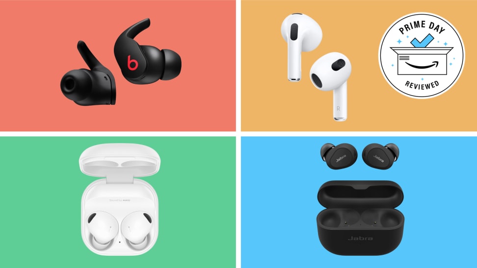 Beats Fit Pro, Apple AirPods, Samsung Galaxy Buds 2 Pro, and Jabra Elite 10 earbuds on a multicolored background.