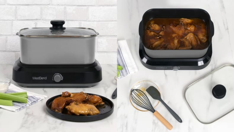 Left: West Bend slow cooker on counter, with plate of chicken in front. Right: West Bend slow cooker full of food, shot from above