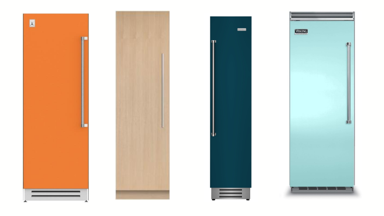 A composite image of several column refrigerators, highlighting their different sizes and shapes.