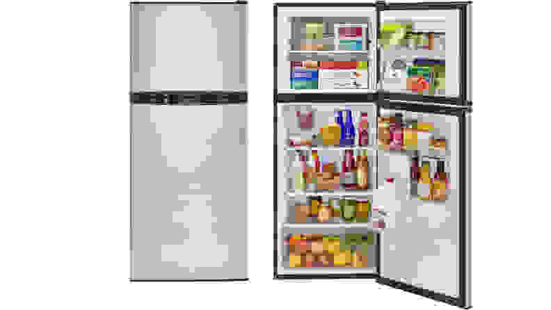 Two Haier HA10TG21SS fridges floating in a white void. On the left its door is closed. On the right its door is open, showcasing a fully-stocked interior.