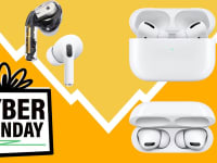 White Apple AirPods Pros on yellow and orange background