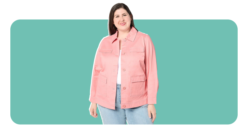A woman wearing a pink adaptive jacket from Denim & Co.