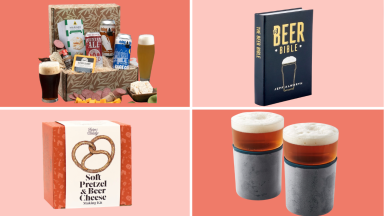 A Gourmet Gift Basket, A Williams Sonoma kits, and Pottery Barn gifts on a pink and red background.