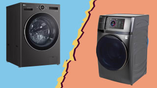 LG WM6998HBA Washer Dryer Combo versus GE Profile PFQ97HSPVDS with a lightning bolt between them