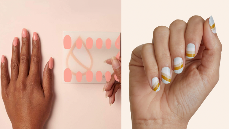 On the left: A sheet of pink Manime nail stickers next to a model's hand. On the right: A model wearing a stripe design of Manime nail stickers