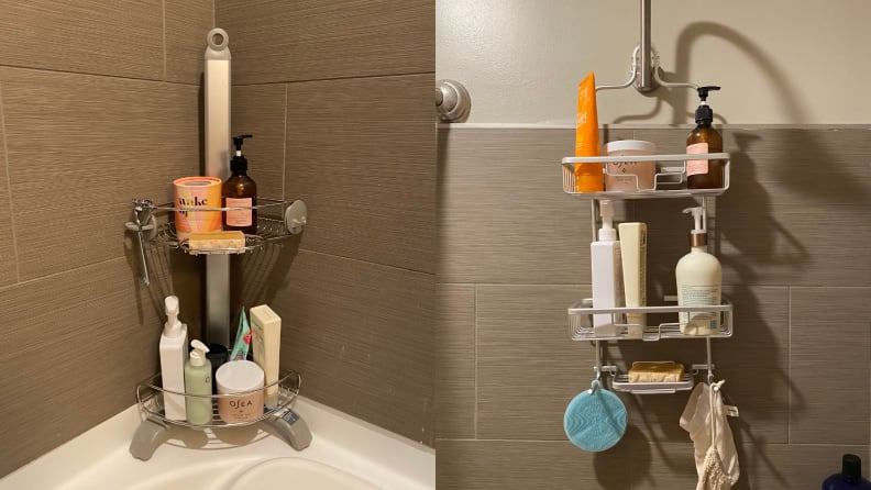 A side by side image of shower caddies installed in a tiled bathroom