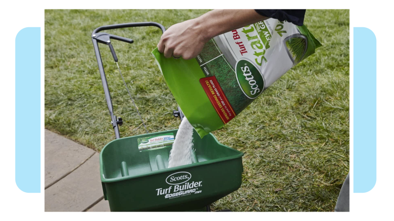 A person pouring a bag of Scotts fertilizer.