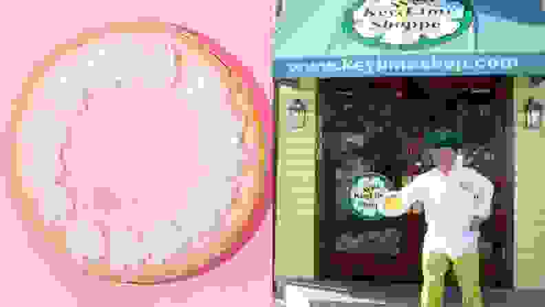 Left: A pastel pink Strawberry Key Lime Pie topped with whipped cream on a pink background. Right: A portrait of pie shop owner, Kermit Carpenter, wearing green pants and a white chef's coat outside of his shop.