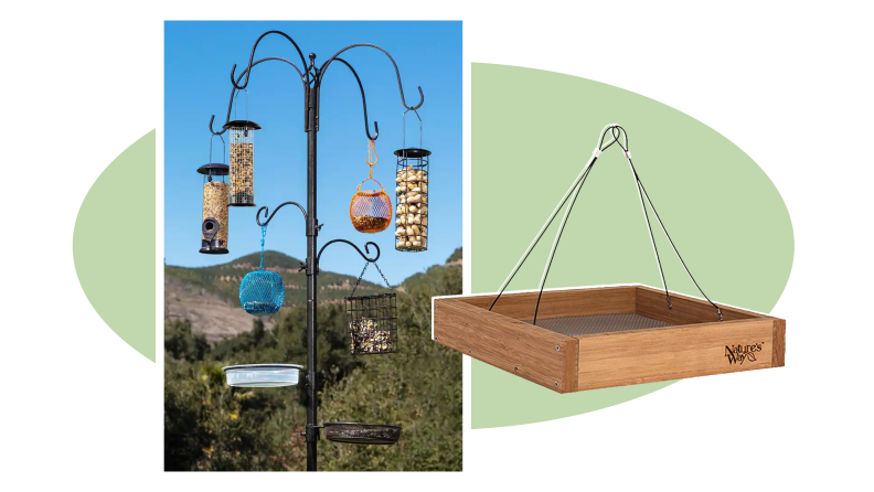 Product shots of the Nature’s Way Bamboo Platform and Best Choice Products Suet/Block Multi-Bird Feeder Station.
