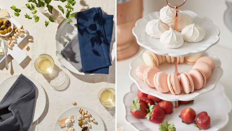 Fabric napkins and tea trays with treats.