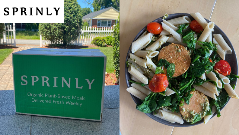Left: Sprinly box on front porch. Left: plate of pasta with veggies