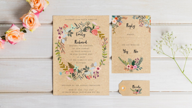Two floral-inspired wedding invitations.