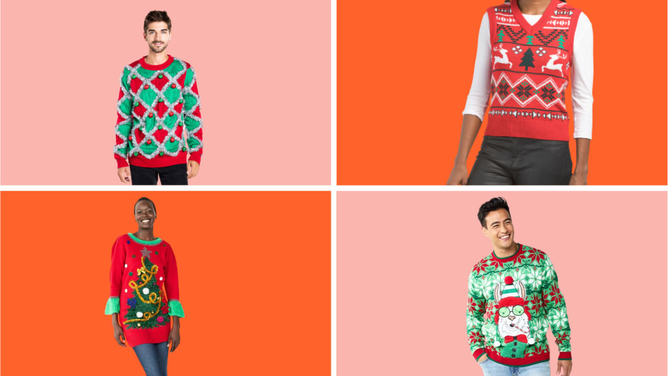 Collage image of four ugly Christmas sweaters against a pink and orange background.