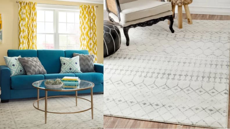 Side-by-side images of a couch on a gray and white rug, then a closeup of the gray and white rug