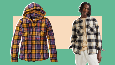 Yellow and purple flannel hoodie and person wearing flannel outfit