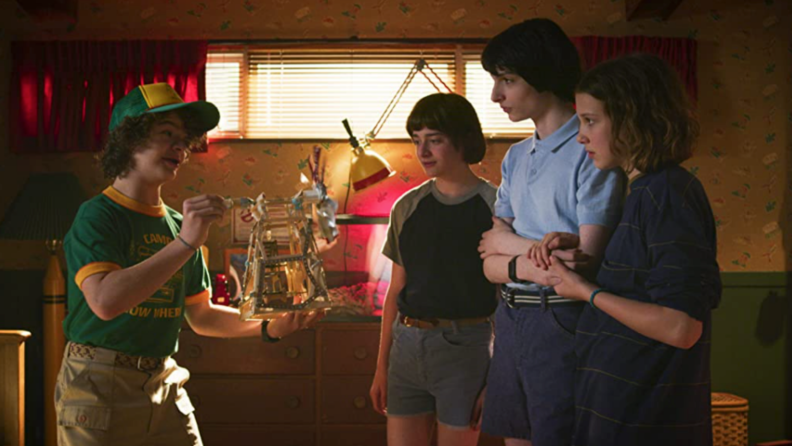 A still from Stranger Things featuring some of the main adolescent characters standing together in a bedroom.