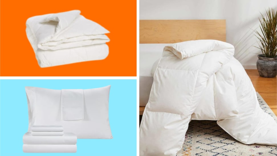 A collection of white bedsheets in front of different backgrounds.