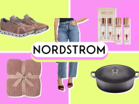 Collage of sneakers, jeans, beauty products, a blanket, and cookware surrounding the Nordstrom logo, highlighting Nordstrom Anniversary Sale deals.
