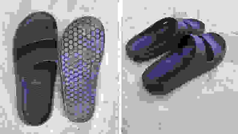 Two shots of a pair of slide sandals on the beach.