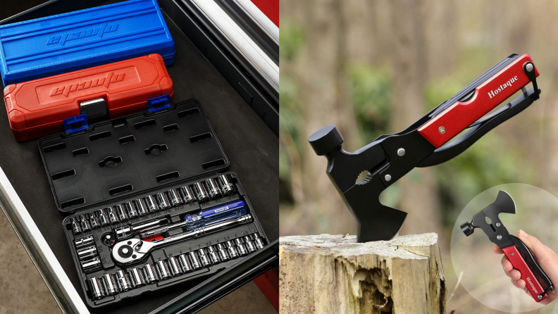On left, two socket tool sets. On right, multi-use camping tool.