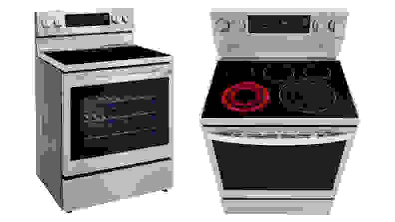 A shot of the LG LREL6325F Electric Range from an angle and a shot of the LG LREL6325F Electric Range from above.