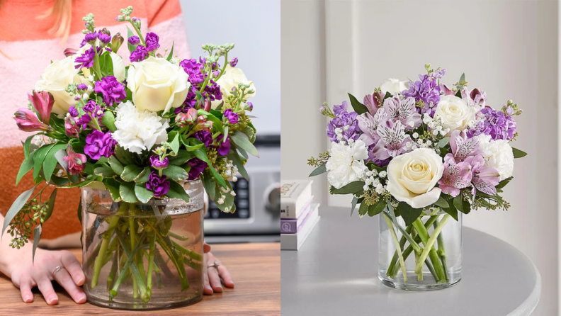 Two purple bouquets side by side