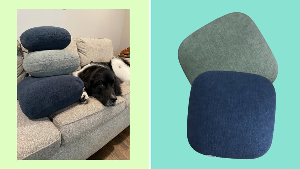 A black and white dog lying next to a stack of Quiet Mind Weighted Pillows and a grey and navy-blue Quiet Mind Weighted Pillow next to the picture of the dog.
