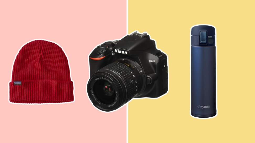 A Patagonia beanie hat, a Nikon camera, and a Zojirushi Stainless Steel Mug.