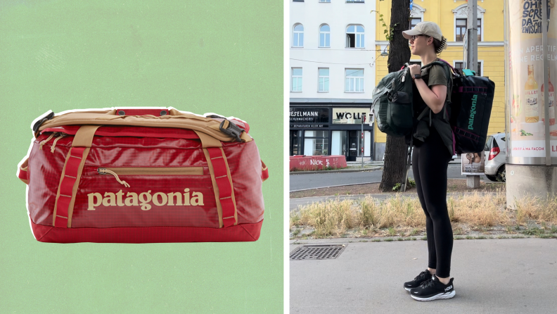 The Patagonia Black Hole Bag in red against a green background, and also an image of the author wearing the bag in black as a backpack.
