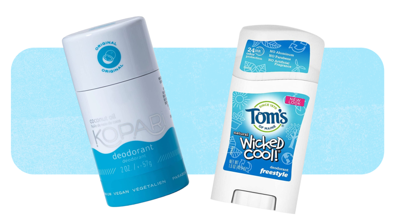 Product shots of  Kopari plant-based deodorant, next to stick of Teen Spirit deodorant.