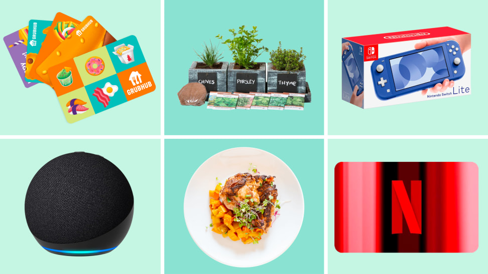 Image of a plant, gift cards, a Nintendo Switch, an Echo Dot, and a meal.
