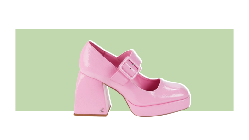 Pink patent leather Mary Jane shoes with a curvy block heel.