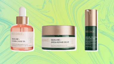 Collage of three Biossance skincare products against a green background
