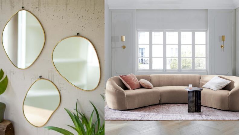 On the left, organic shaped mirrors hanging from the wall. On the right, a curved couch in light pink fabric.