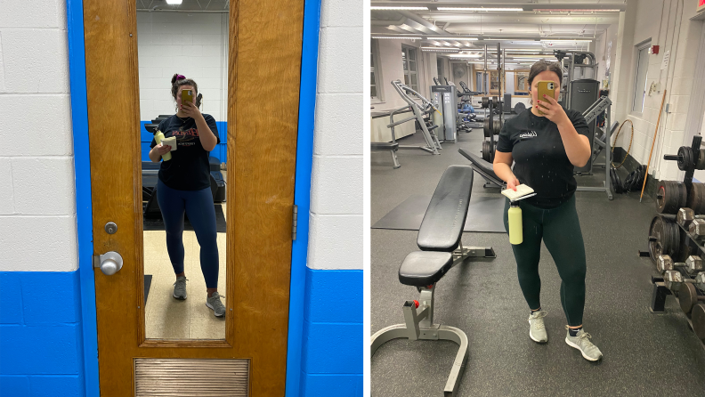Collage image: On the left is a mirror selfie of the author wearing blue leggings and a black T-shirt. On the right is another photograph of the author wearing black leggings with a black T-shirt.
