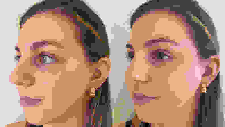 A closeup of the left side of the author's face before (left) and after (right) applying the Wet n Wild Bare Focus Tinted Hydrator.