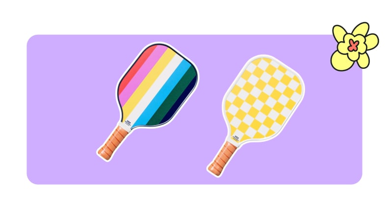 Two Prince for Target pickleball paddles. One is rainbow-striped and the other has yellow checkers.