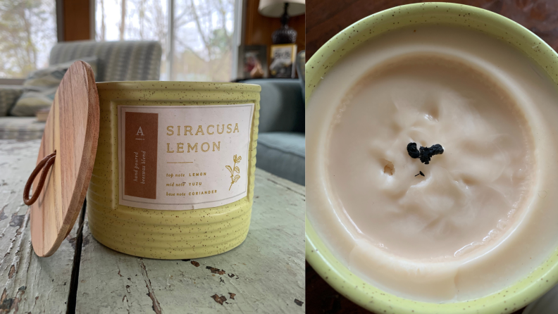 On left, Anthropologie Hive and Wick candle sitting on top of a coffee table in a living room with the lid next to it. On right, shot of the the Anthropologie Hive and Wick candle from above, white wax inside.