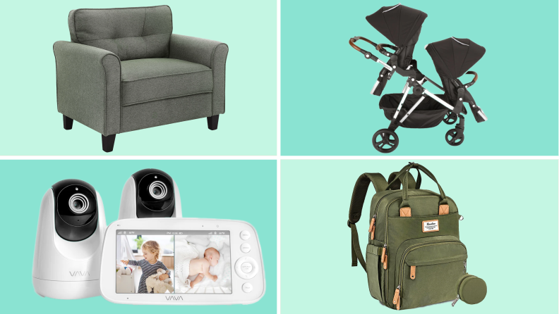 Product shot of the World Market Caldwell Roll Arm Upholstered Chair, Mockingbird Single-to-Double Stroller, VAVA Baby Monitor with Split Screen and Ruvalino Diaper Bag Backpack