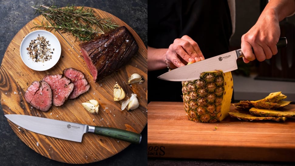 On left, HexClad knife sitting on round cutting board with sliced steak and herbs. On right, hand cutting into a pineapple with a HexClad knife.