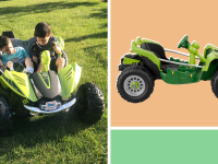 Photo collage of two children riding the Power Wheels Dune Racer on a grass lawn and a profile image of the Power Wheels Dune Racer.
