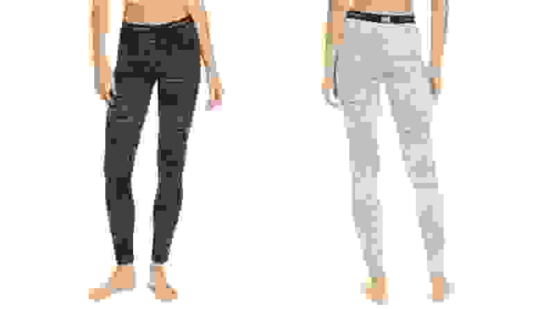 On the left, a model poses in black leggings covered with a triangular white pattern. On the right, we see similar leggings with the colors inverted (white with a black triangular pattern).