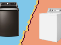 LG WT7900HBA and Speed Queen TC5 washing machines across from each other on a torn paper background.