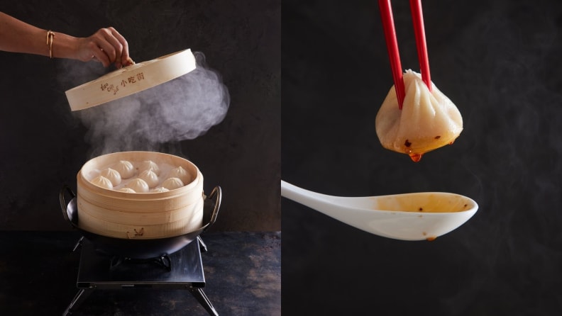 On left, a bamboo steamer lid getting removed, revealing a container full of dumplings. On right, chopsticks holding a dumpling getting dunked into a spoon full of sauce.
