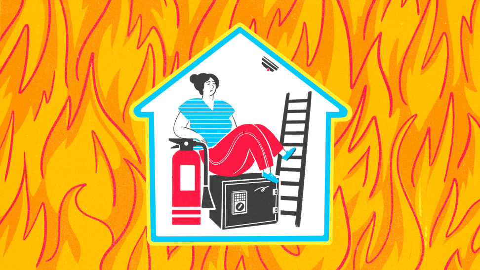 Illustration of person in a house with fire safety products surrounded by a background of fire