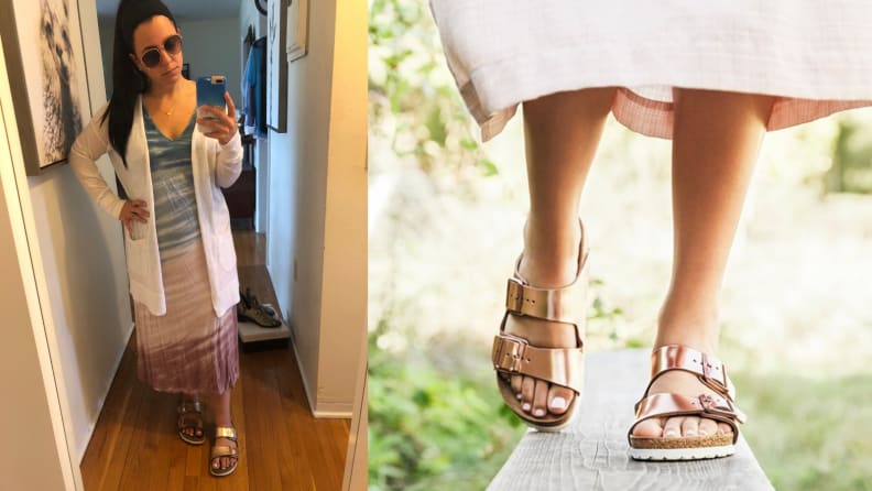 A woman in Birkenstocks Arizona Sandals and a pair of gold Birkenstocks Arizona Sandals, among the best 30th birthday gift ideas.