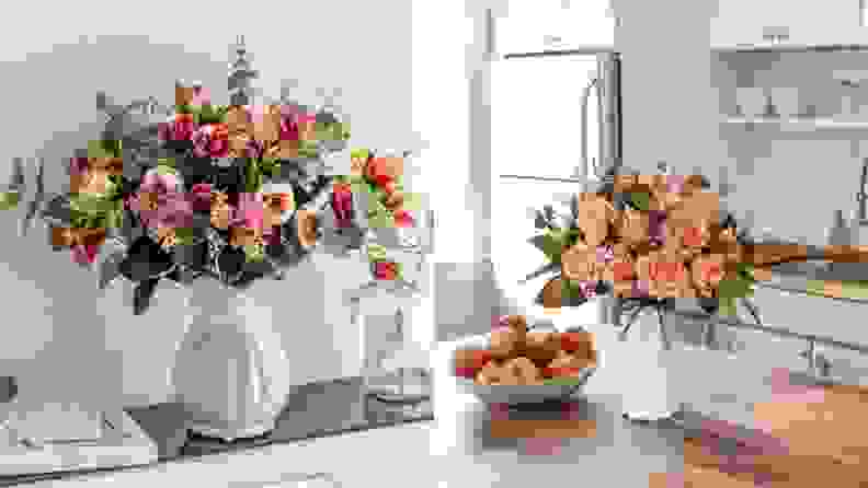 On left, silk flowers in a vase on a mantel. On right, same flowers on a kitchen counter.